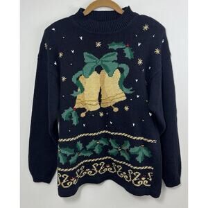 Vtg Panther Ugly Christmas Sweater Black Gold Bows Holly Leaves Medium Mock Neck